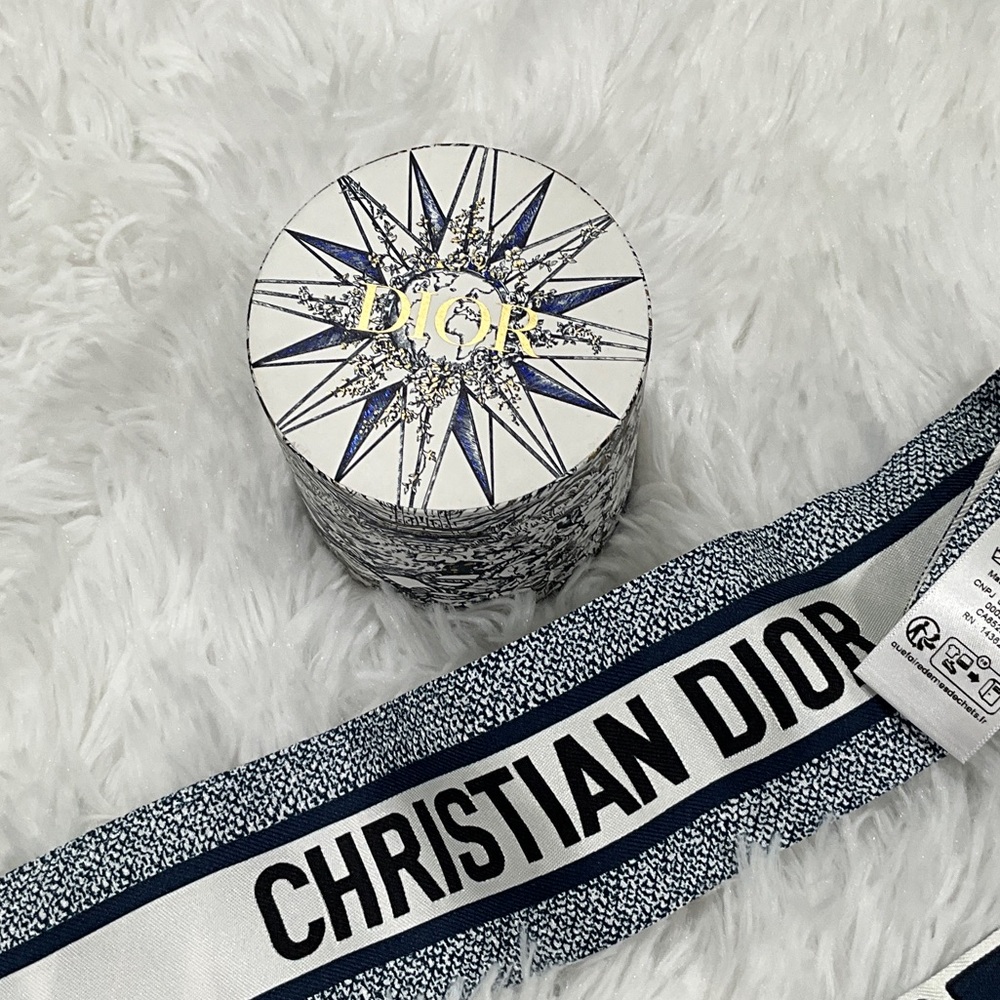 Dior Slim Logo Silk Scarf Tie - White & Navy - Picture 7 of 8